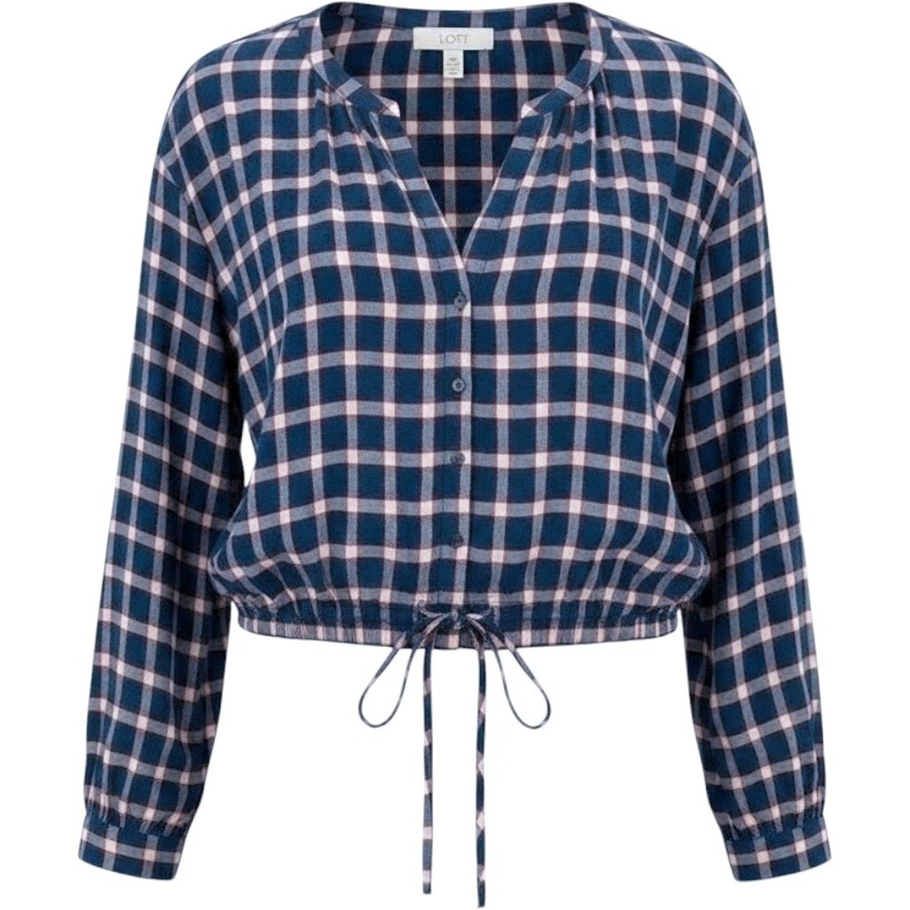 LOFT Blue Red Plaid Button Down Cropped Drawstring Blouse Women Large L Cotton